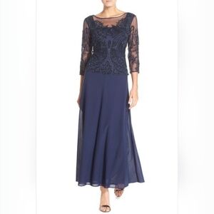 Pisarro Nights Navy Embellished Illusion Beaded Gown Size 16